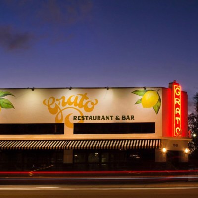 exterior of Grato restaurant at night in West Palm Beach