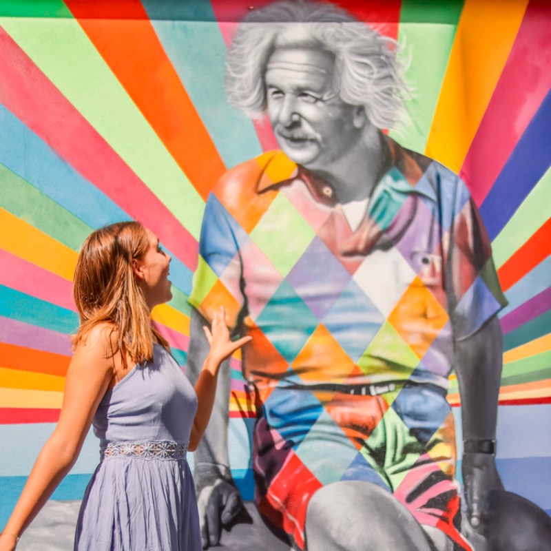 a lady looking at the colorful Einstein mural in west palm beach