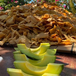 sliced avocados with a pile of tortilla chips