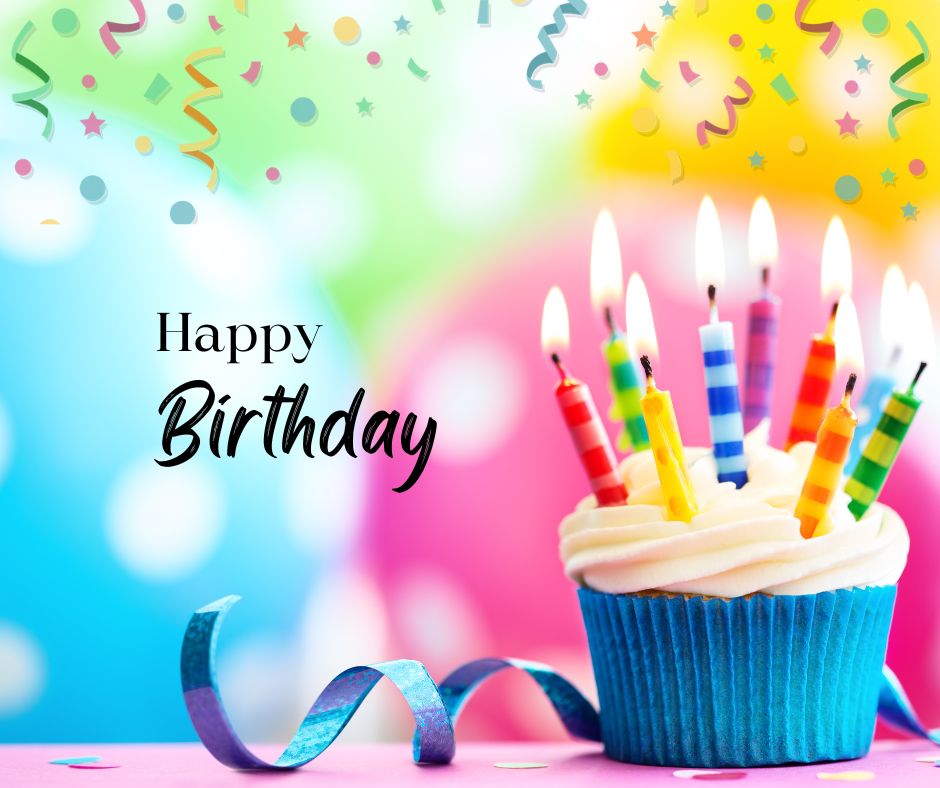 Blue Pink Modern Happy Birthday (Facebook Post) Cupcake with candles, confetti, and 'Happy Birthday' text on colorful background.